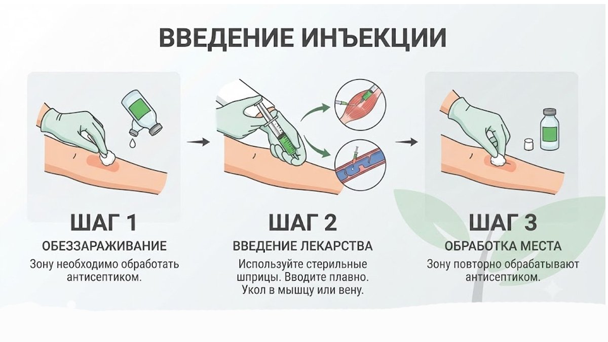Инфографика: процедура введения инъекции, включающая обеззараживание, плавное введение лекарства шприцом в мышцу или вену и повторную обработку места укола.